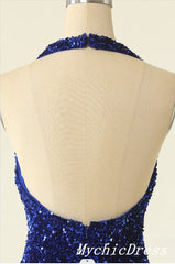 Barato 2024 Halter Royal Blue vestidos de fiesta Mini vestido de cóctel brillante ajustado