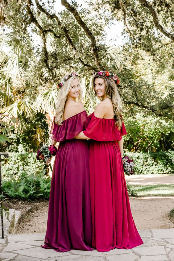 Cheap Long Off the Shoulder Burgundy Chiffon Boho Bridesmaid Dresses - MyChicDress