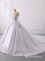 Una línea de encaje apliques vestidos de novia de satén mangas largas con botón
