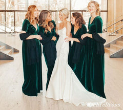 Vestidos de dama de honor de color verde esmeralda de invierno Vestido de invitados de boda de terciopelo Mangas cortas