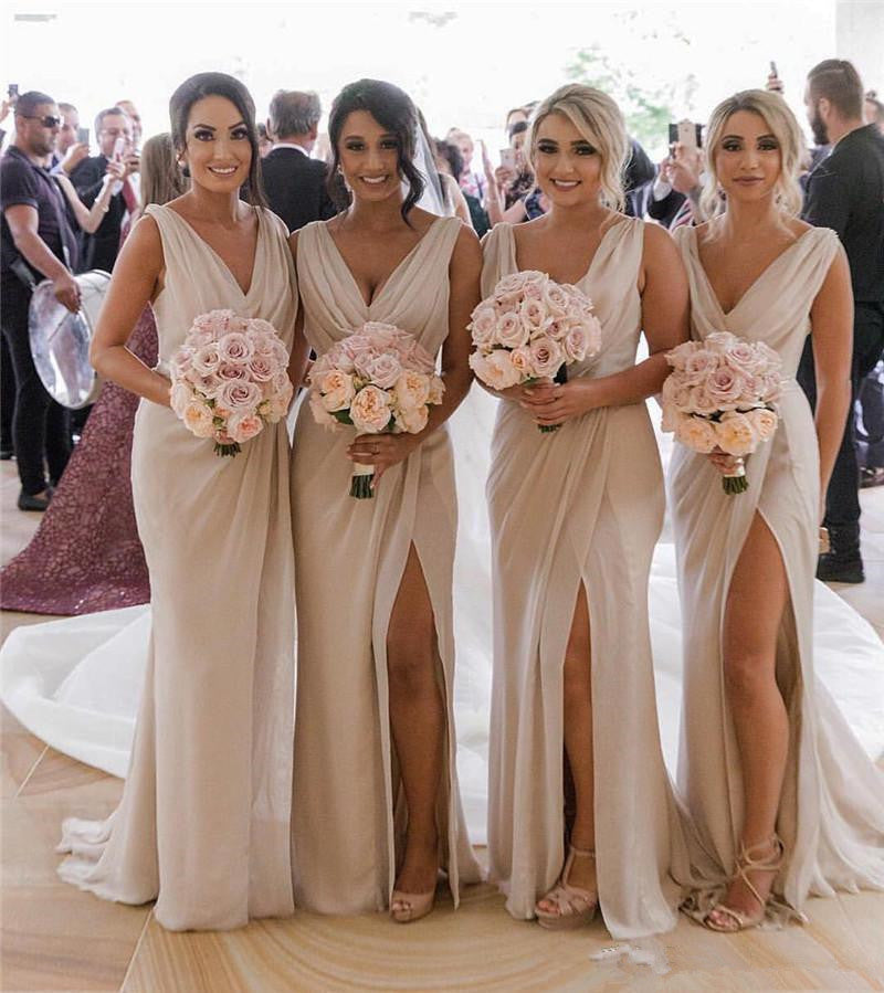 Long V-Neck Chiffon Bridesmaid Dresses Sleeveless Side-Slit