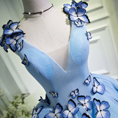 Vestidos cortos azules de fiesta, vestido de tul con flores para graduación