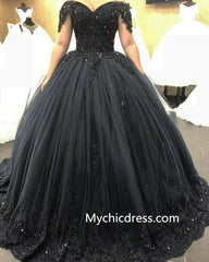 Vestido de fiesta Vestidos de novia góticos negros Apliques de encaje con cuentas fuera del hombro