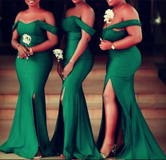 Vestidos de dama de honor verde esmeralda con hombros descubiertos Vestido de invitada de boda