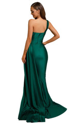 Vestidos de fiesta verdes satinados simples Vestido de noche de un hombro de sirena
