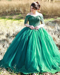 Vestido de fiesta verde de encaje, vestidos de novia con hombros descubiertos, vestido de tul dulce 16