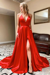 Vestidos de fiesta de satén rojo sexy, vestido formal de noche largo con cuello en V y abertura