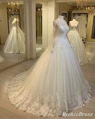 Elegant Tulle Lace Long Sleeves Wedding Dress Ball Gown Winter Bridal Dress