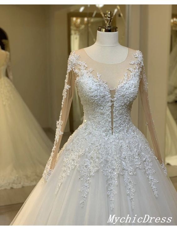 Elegant Tulle Lace Long Sleeves Wedding Dresses Ball Gown Winter Bridal Dress