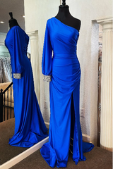 Barato sirena 2024 un hombro vestidos de fiesta vestido de fiesta de manga larga azul real