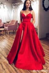 Una línea de vestidos de fiesta de satén rojo 2024 vestido de noche largo con tirantes finos y cuello en V