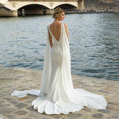 Vestidos de novia minimalistas de sirena con cuello en V de satén suave y sencillo vestido de novia de playa larga