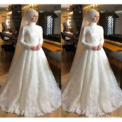 Una línea de encaje blanco vestidos de novia musulmanes cuello alto apliques mangas largas