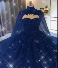 Vestido de fiesta 2024 Vestidos de quinceañera con cristales de encaje de tul azul marino y capa