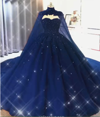 Vestido de fiesta 2024 Vestidos de quinceañera con cristales de encaje de tul azul marino y capa