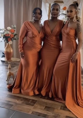 Vestidos de dama de honor naranjas multiposición, vestido de invitados de boda de satén elástico