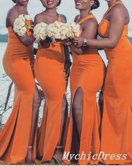 Vestidos de invitados de boda de un hombro, color naranja, vestidos de dama de honor de sirena con abertura