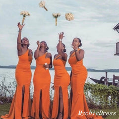 Vestidos de invitados de boda de un hombro, color naranja, vestidos de dama de honor de sirena con abertura
