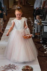 Vestidos de niña de flores rosas baratos, vestido largo hasta el suelo de tul con apliques para boda