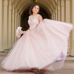 Long Pink Quinceanera Dresses Appliques Jewel Sleeveless 15 Dresses 