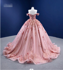 Fuera del hombro Flores 3D Vestido de fiesta Vestidos de quinceañera rosados