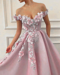 Vestidos de fiesta de flores con hombros descubiertos de princesa Vestido de noche largo con apliques de una línea