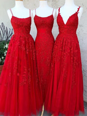 Una línea de encaje rojo vestidos de fiesta largos con espalda espagueti cruzada