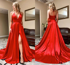 Vestidos de fiesta de satén rojo sexy, vestido formal de noche largo con cuello en V y abertura