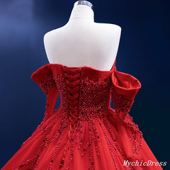 Vestidos de quinceañera rojos de manga larga de cristal vestido de novia de perlas con hombros descubiertos