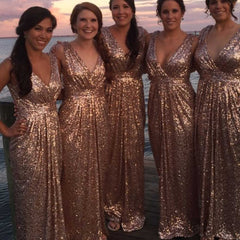 Una línea de vestidos de dama de honor con lentejuelas de oro rosa Vestido largo de invitados de boda con brillo
