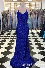 2024 Vestidos de fiesta largos en azul real iridiscente con lentejuelas brillantes y abertura