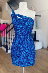 Mini vestido Hoco único con un solo hombro y lentejuelas azules con forma de cerradura
