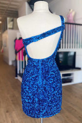 Mini vestido Hoco único con un solo hombro y lentejuelas azules con forma de cerradura