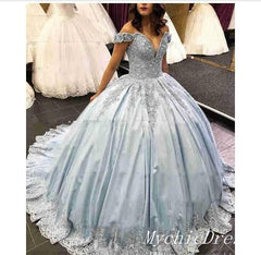 Azul claro dulce 15 vestidos vestido de bola apliques de encaje fuera del hombro vestido de quinceañera