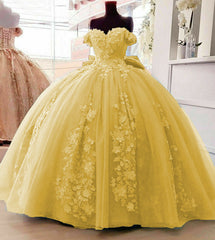 2024 Vestidos de quinceañera de encaje amarillo con apliques y hombros descubiertos Vestido dulce 16