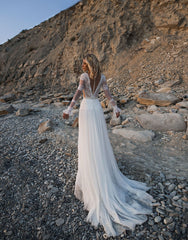 Precioso vestido de novia bohemio de manga larga de encaje Vestido largo de playa
