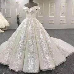 Preciosos vestidos de novia de lentejuelas 2024, vestido de novia blanco con hombros descubiertos