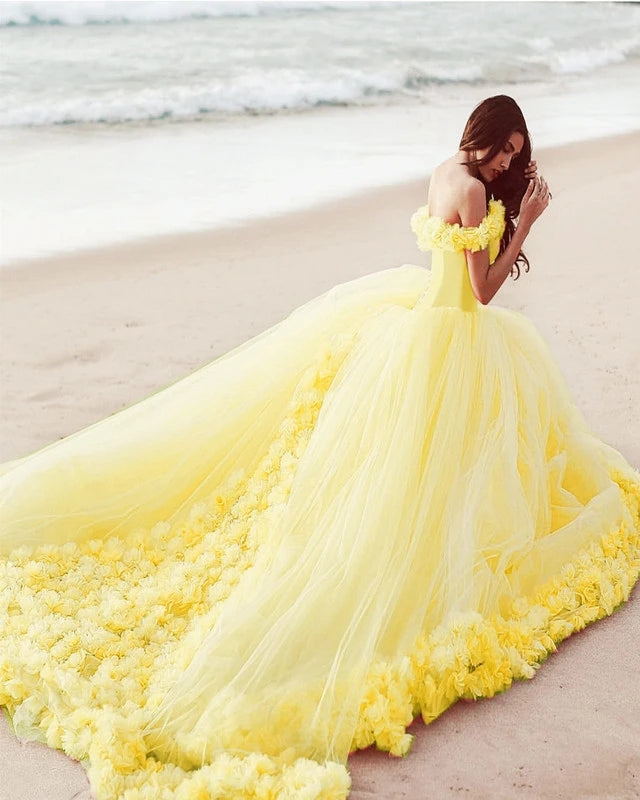 Off Shoulder Flowers Tulle Ball Gown yellow Quinceanera Dresses