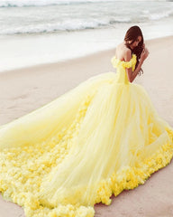 Off Shoulder Flowers Tulle Ball Gown yellow Quinceanera Dresses